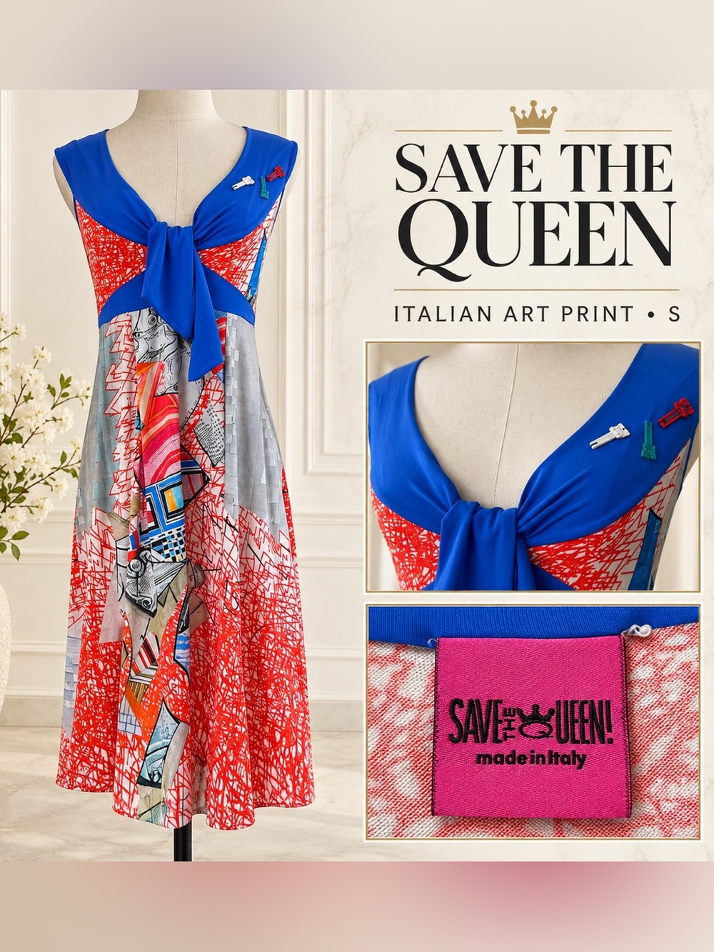 Save The Queen Made in Italy Art Print Tie Front Midi Dress S